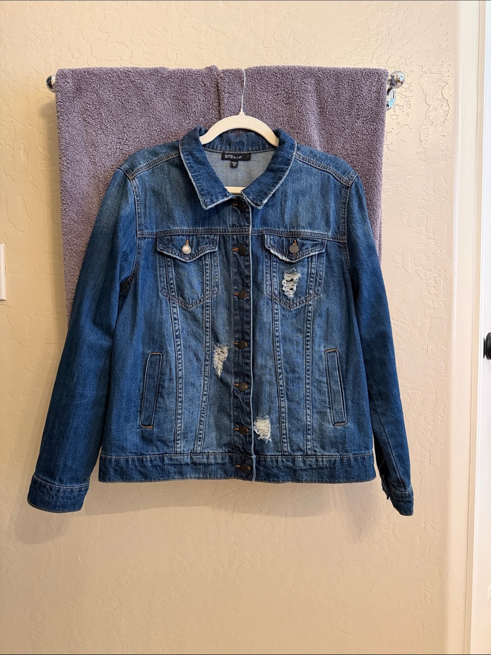 STS Blue Women's Distressed Denim Jacket in Medium Blue Wash